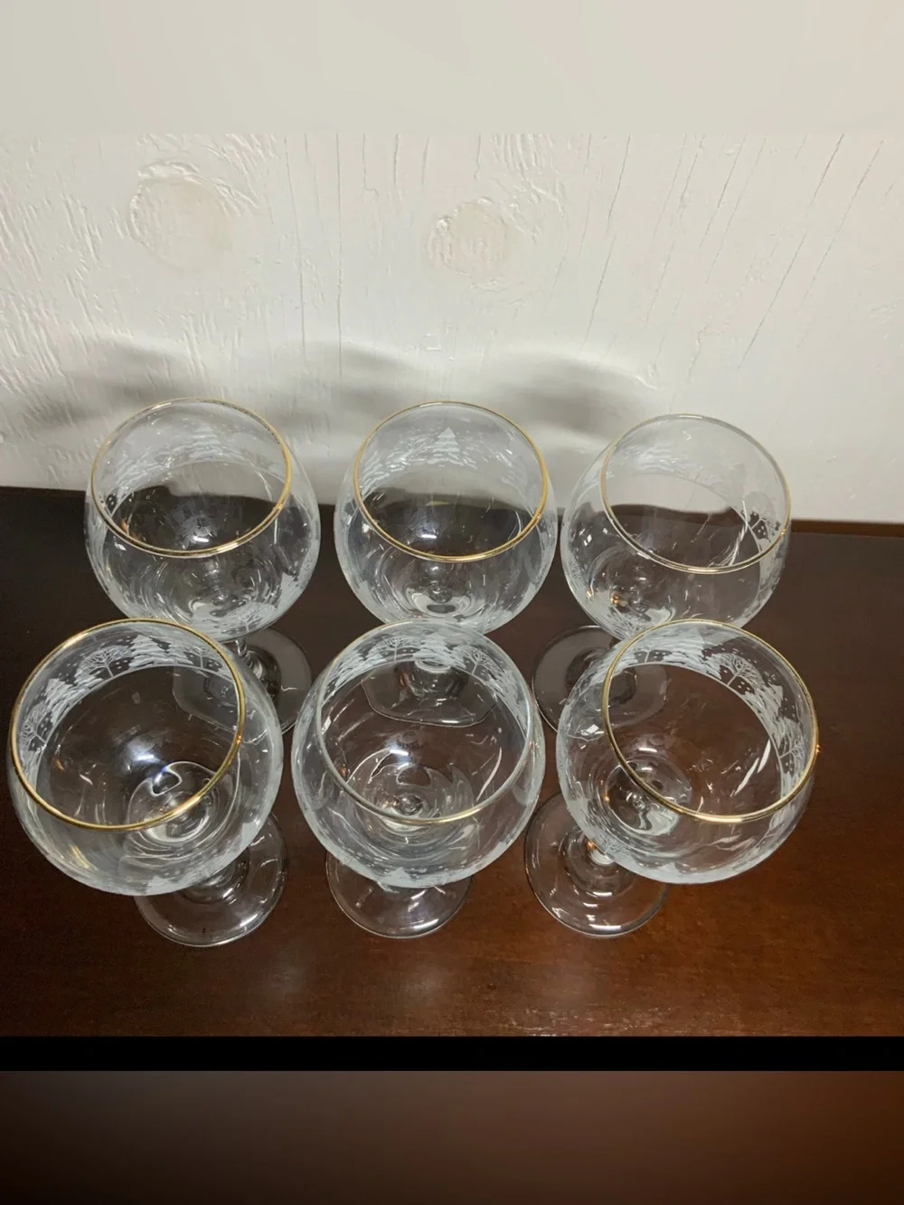 Vintage 80s Libbey Winter White Pine Trees Snow 6 Wine Glasses Goblets Gold Trim